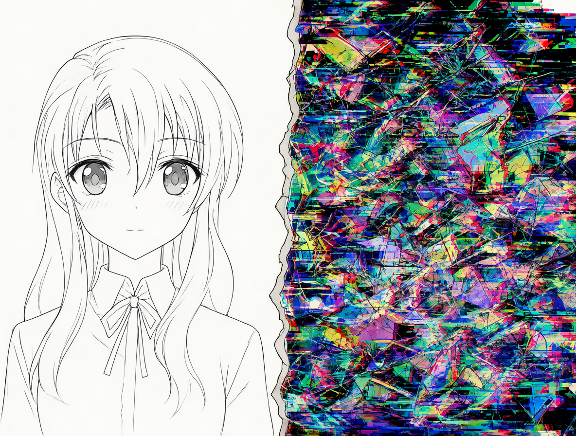 Imagen dividida mostrando la estructura ordenada del manga frente al caos visual del anime de Excel Saga.