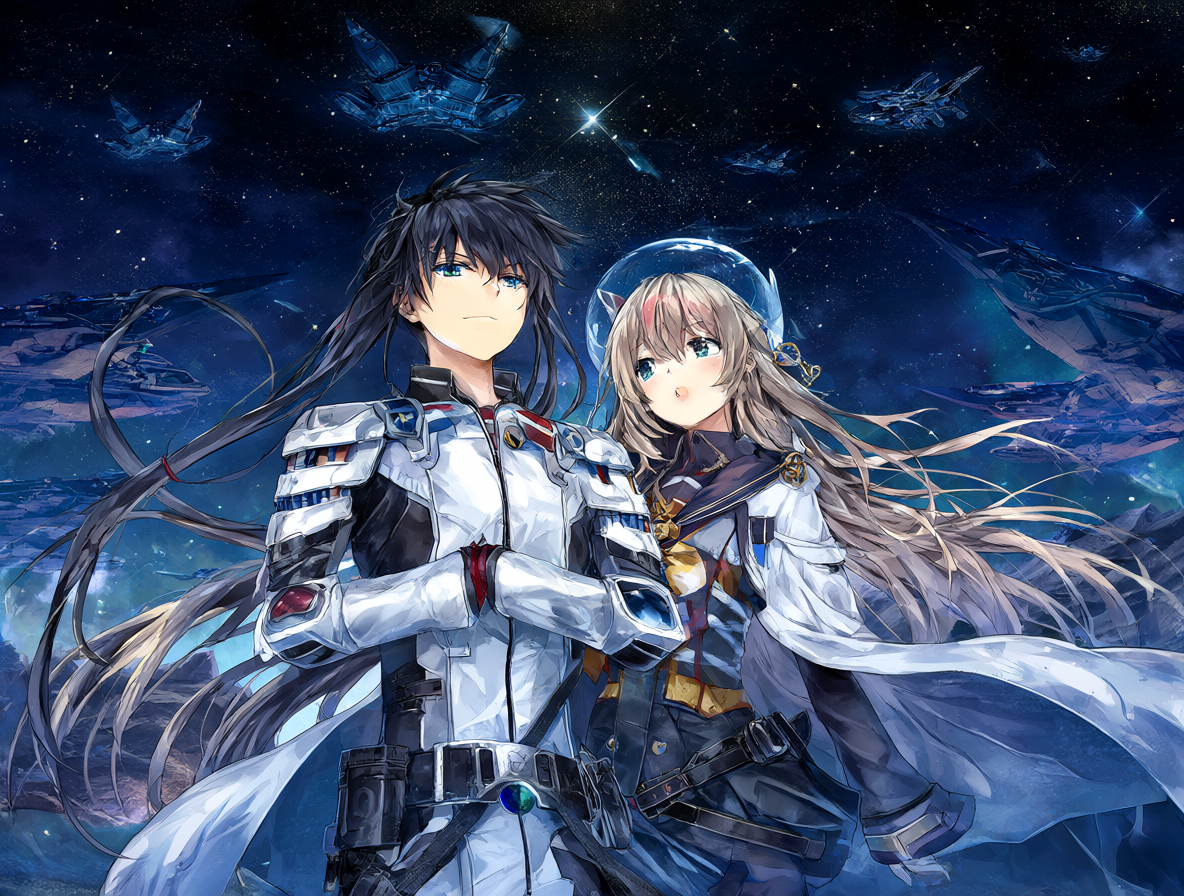 Ilustración de Jinto y Lafiel con naves espaciales futuristas en una estación espacial bajo un cielo estrellado, representando la saga Seikai.