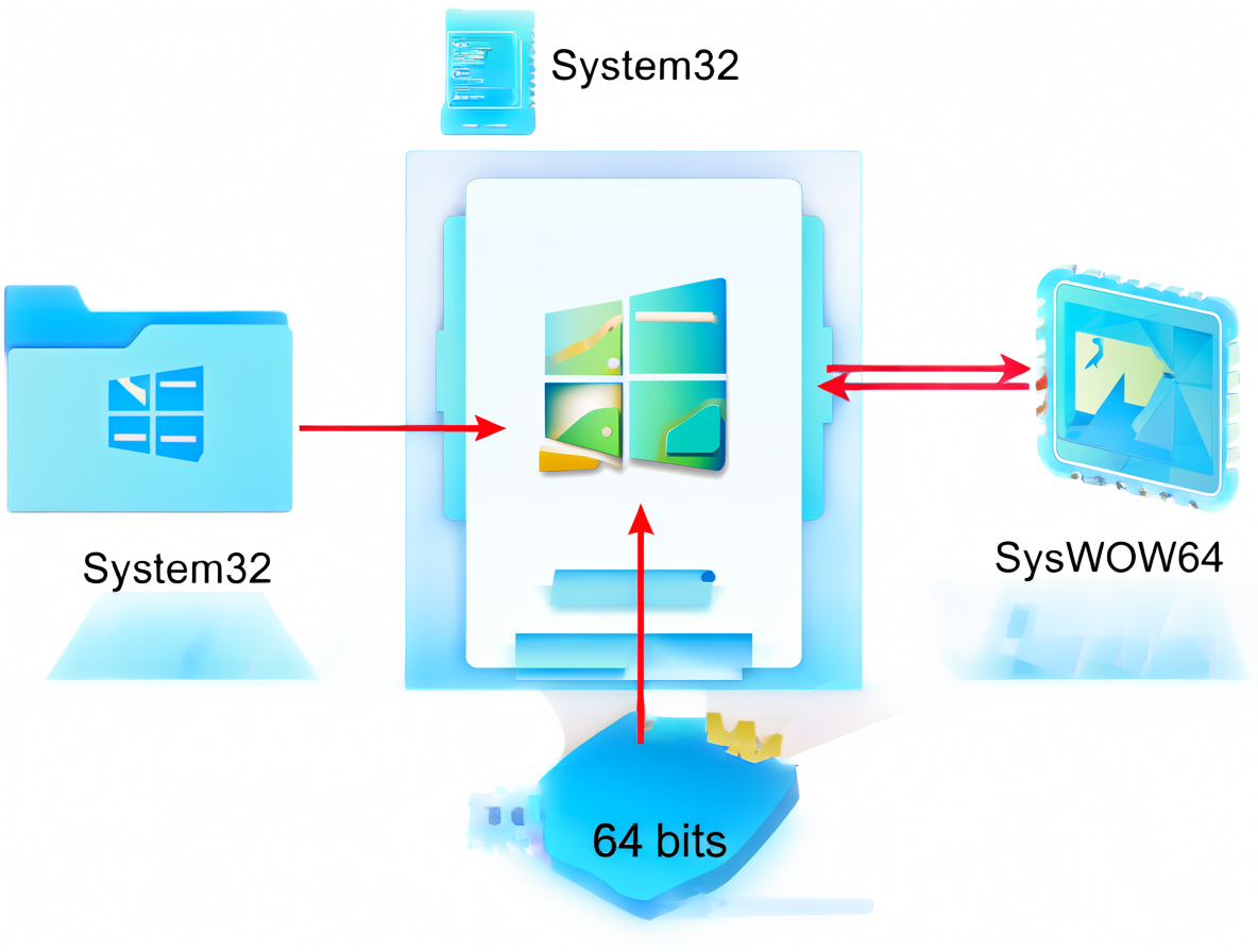 Diagrama técnico de Windows mostrando la relación entre System32, SysWOW64 y la capa de traducción WOW64 para soporte dual.