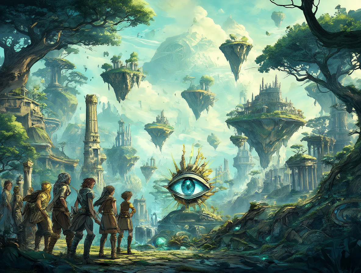 Ilustración detallada de un mundo futurista con islas flotantes y ruinas antiguas cerca de una pieza clave de la historia.