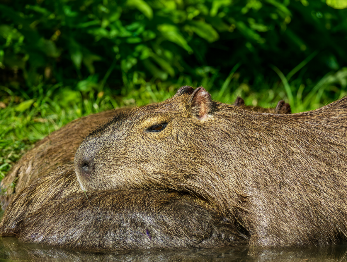 Fotografía de alta resolución de un capibara flotando tranquilamente en el agua junto a otro animal.
