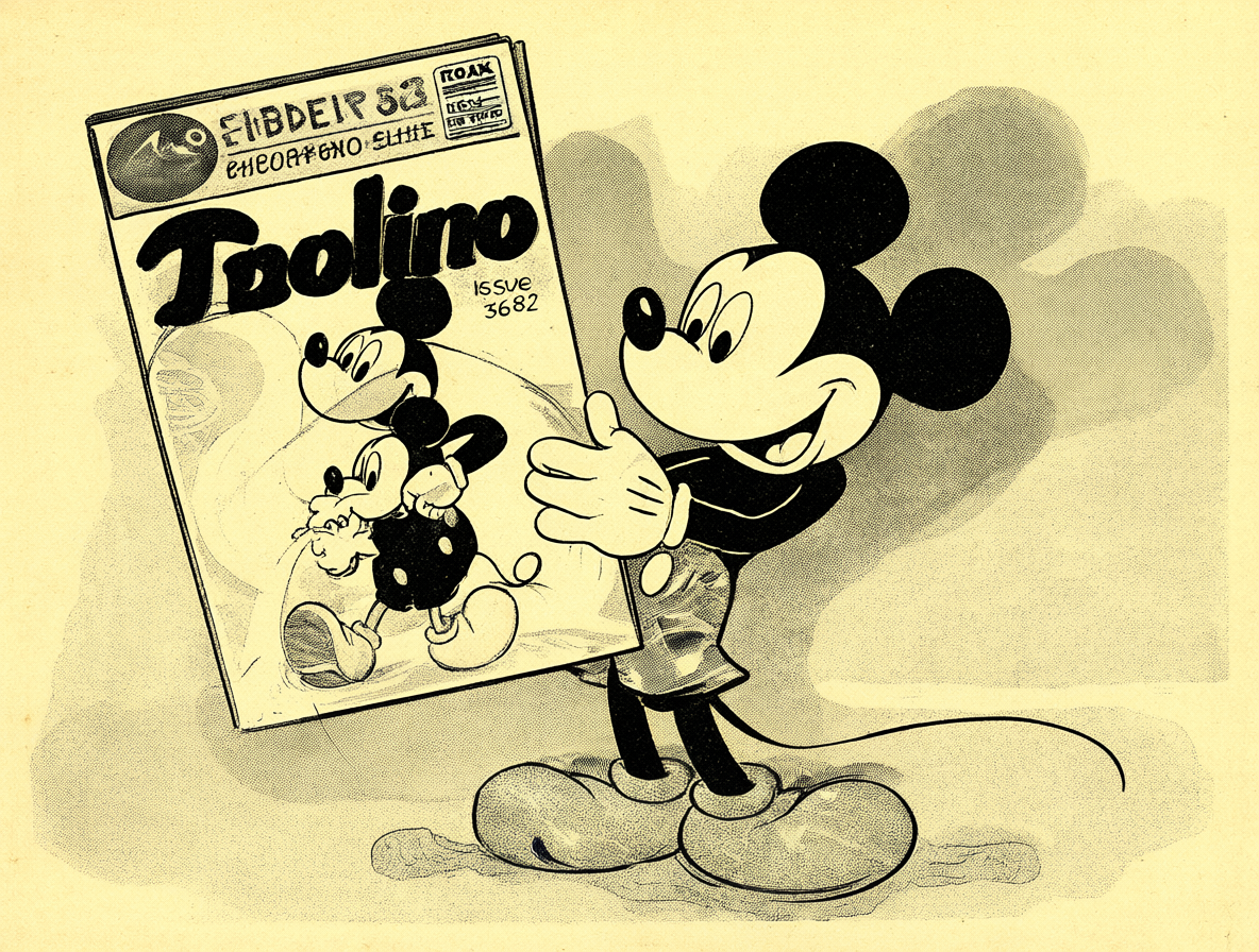 Mickey Mouse sosteniendo la revista Topolino con el número 3682 visible.