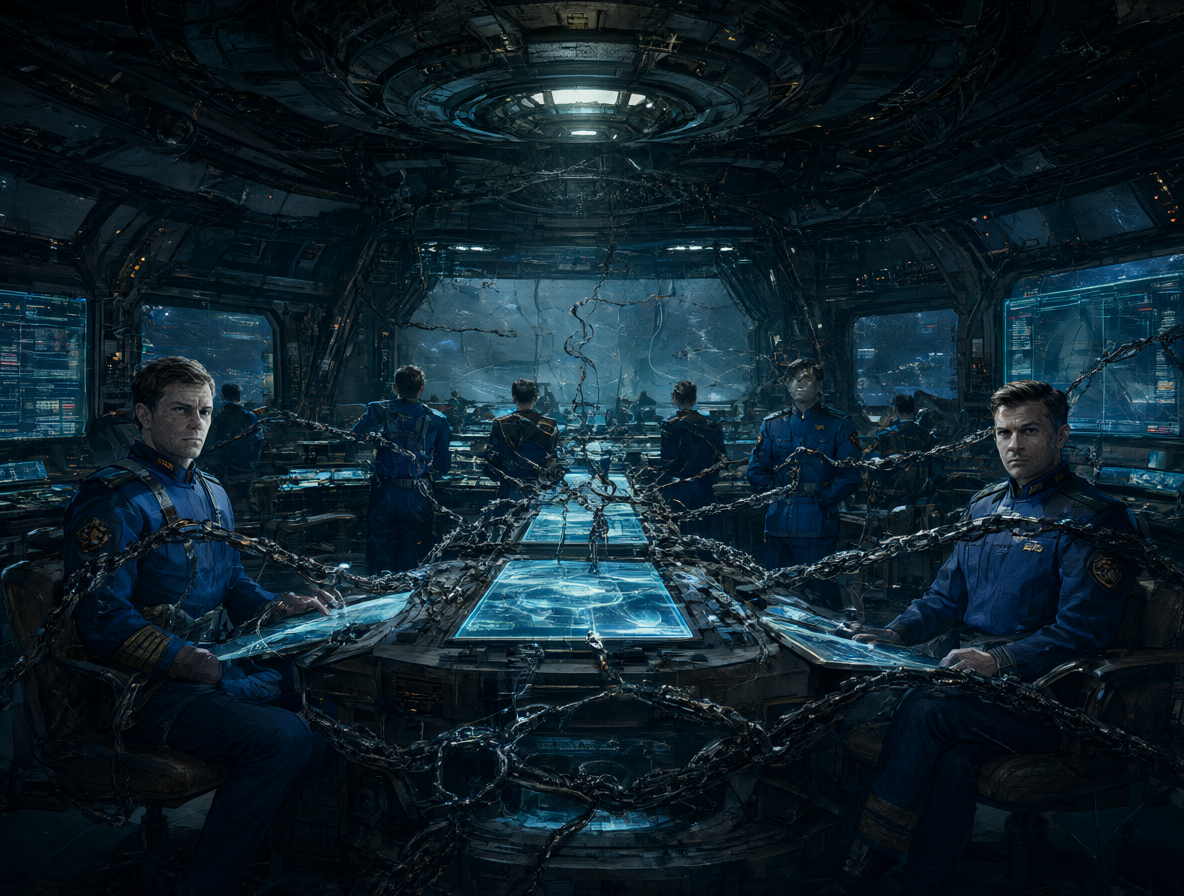 Un centro de comando futurista donde hologramas de datos forman cadenas sobre oficiales de la Flota Estelar, representando el control corporativo y tecnológico.
