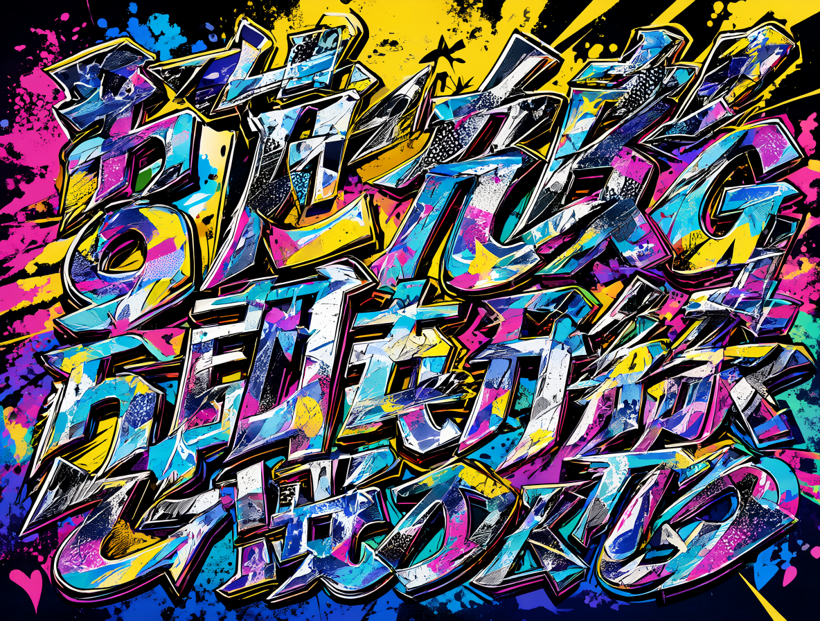 Arte digital con fragmentos de títulos de anime en japonés escritos en letras gigantes y coloridas sobre un fondo oscuro.