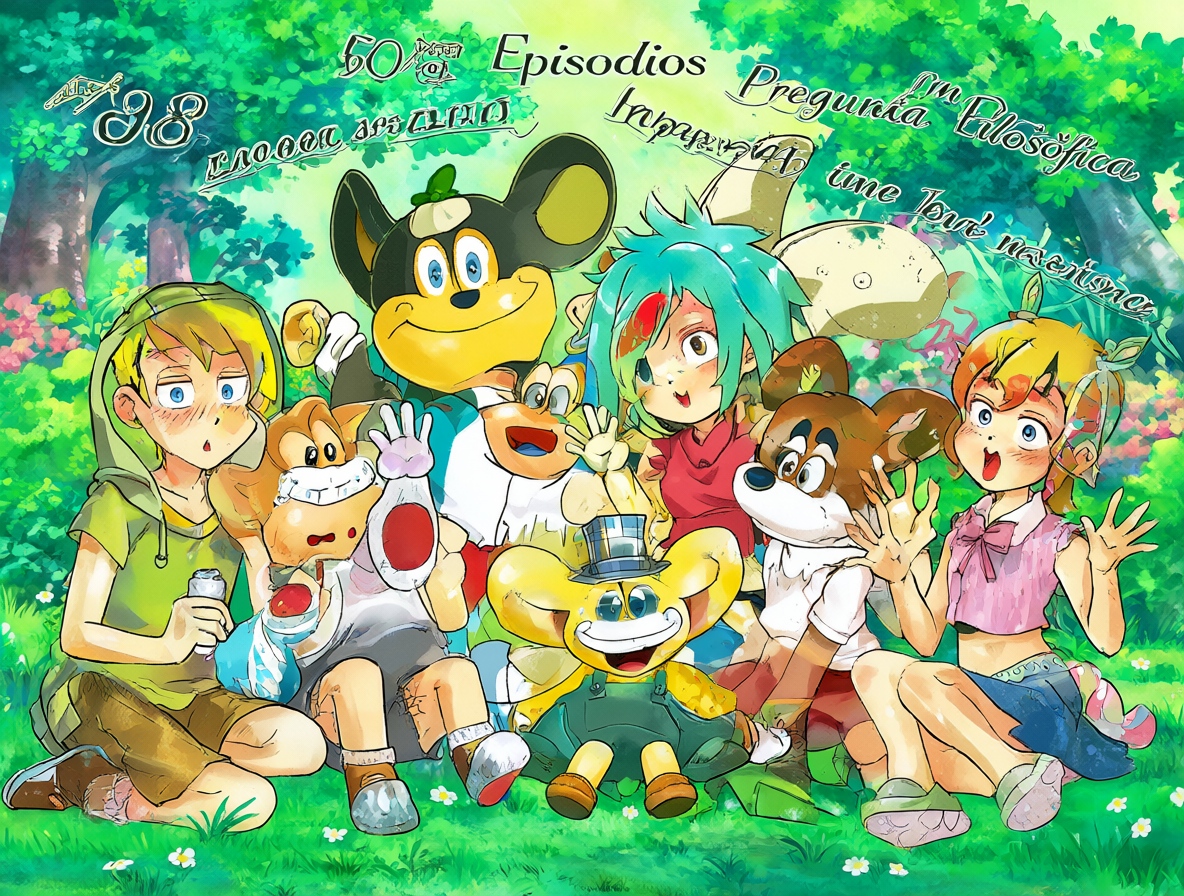 Ilustración de los personajes del anime Bonobono rodeados de textos flotantes sobre episodios y filosofía.