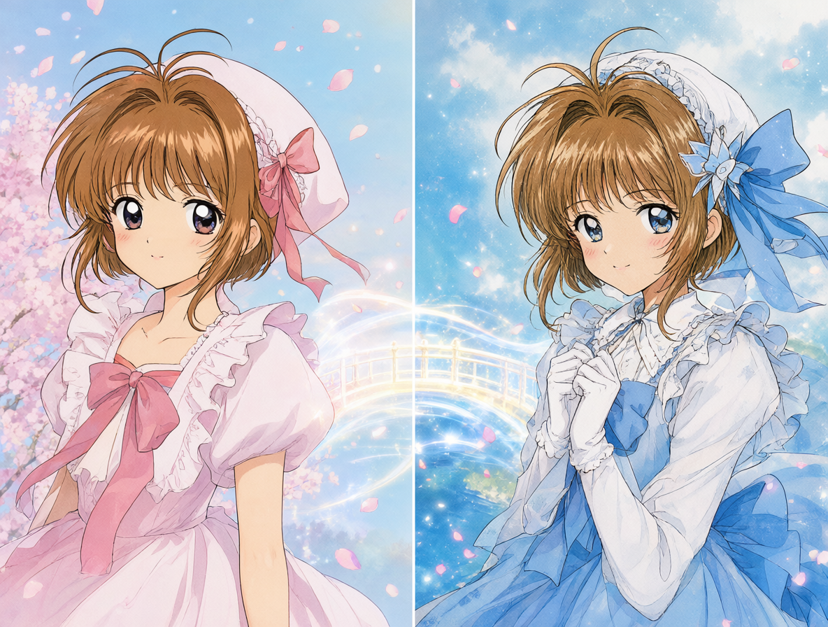 Illustration of Sakura Kinomoto bridging two different versions of herself to show the hybrid continuity.