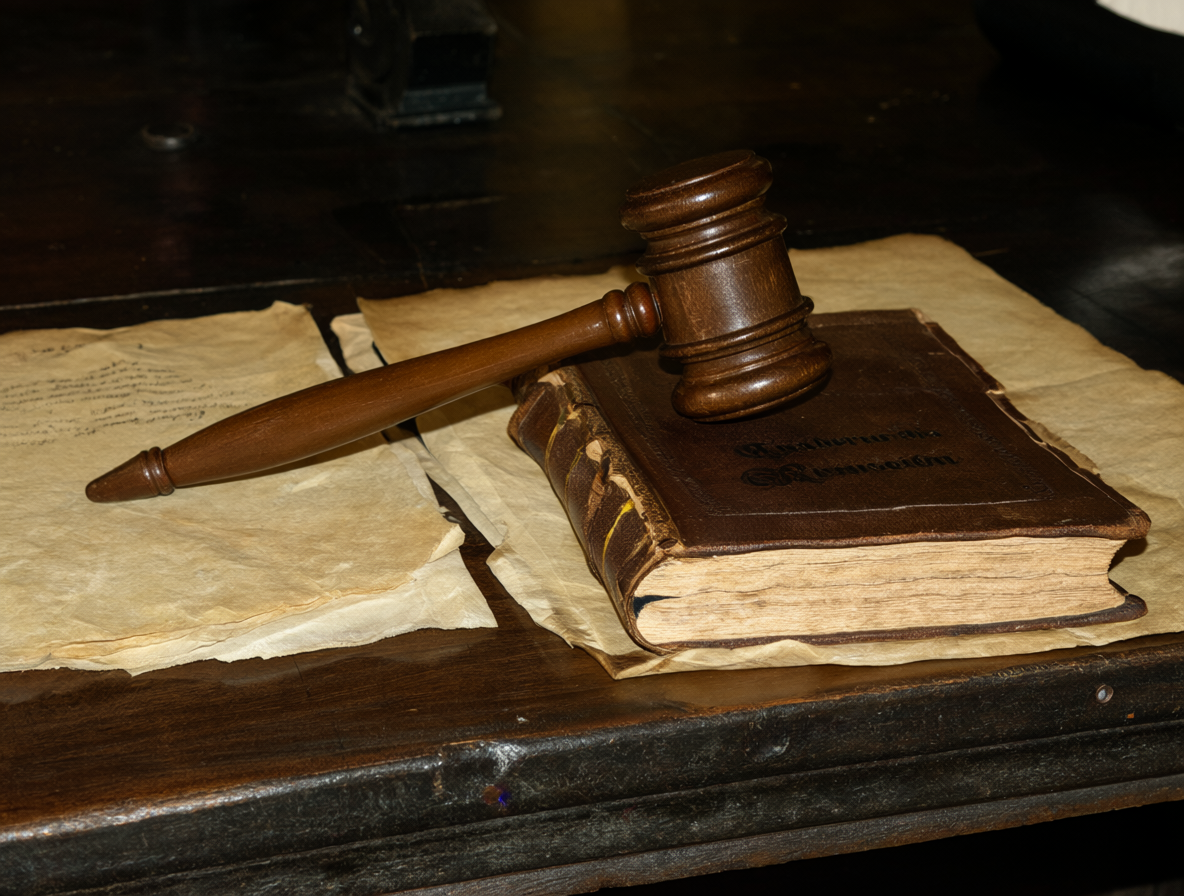 Un martillo de juez sobre una mesa junto a un libro antiguo y documentos legales.