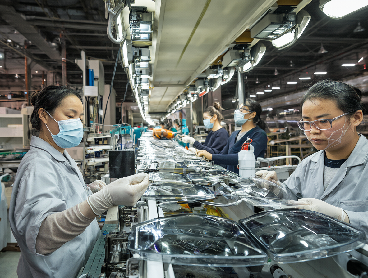 Vista de una línea de montaje en una fábrica donde trabajadores inspeccionan monturas y cristales de lentes.