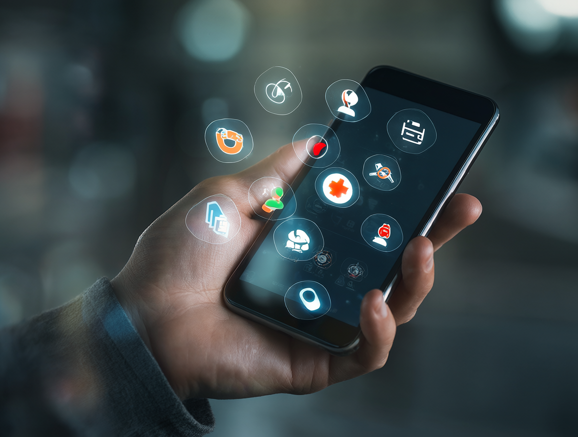 Una persona sosteniendo un teléfono con botones de emergencia brillantes rodeados por iconos de seguridad y GPS.
