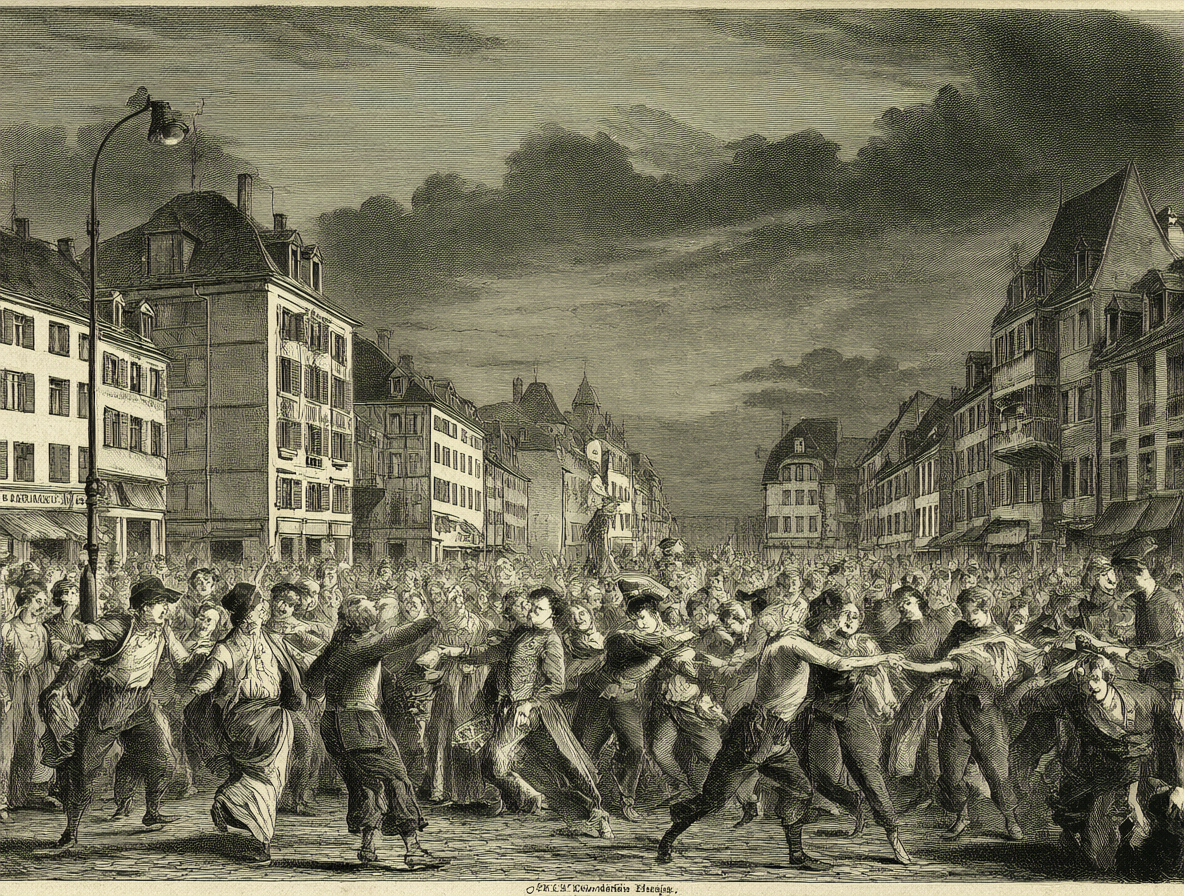 Ilustración del baile masivo histórico en las calles.