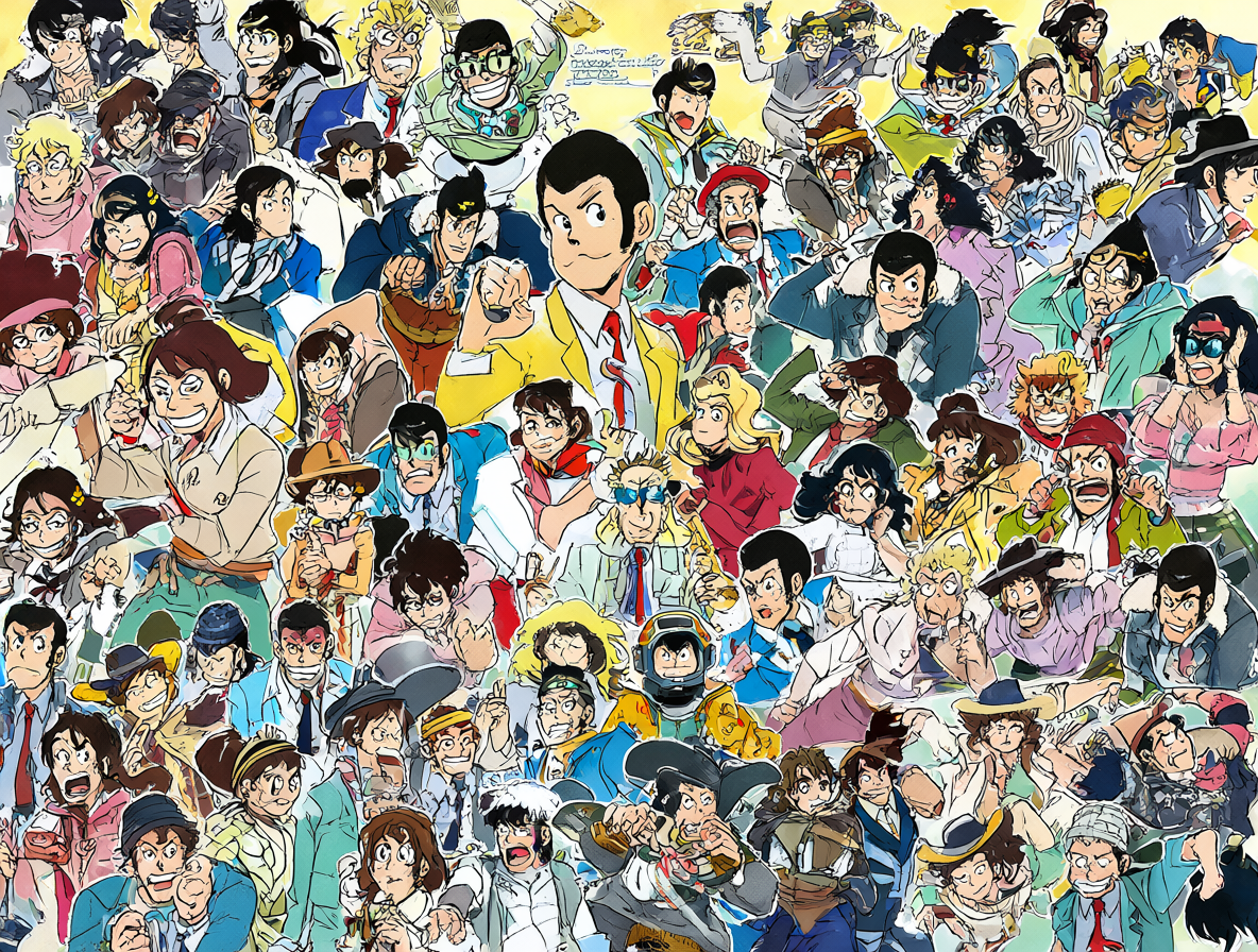 Collage showing the various eras of the Lupin III franchise with key characters and logos.