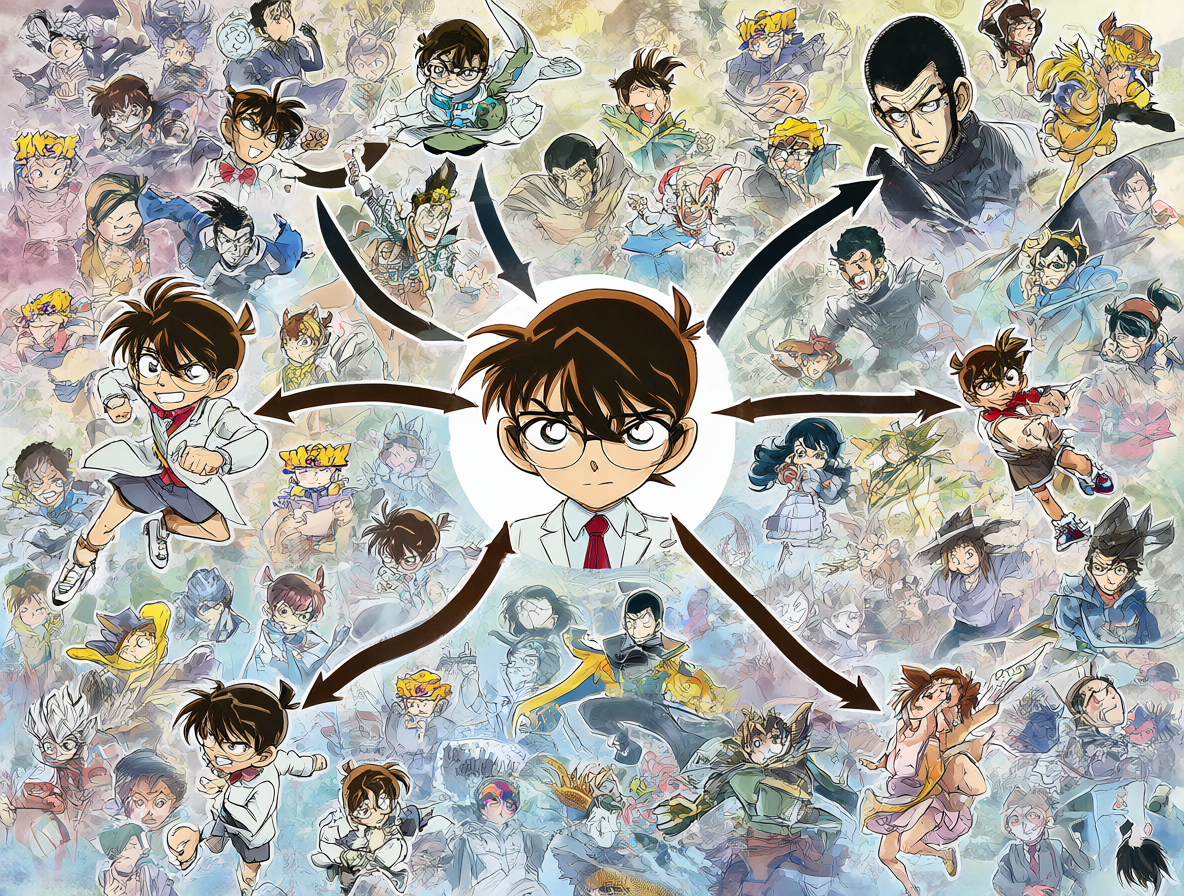 Infografía mostrando la teoría de los seis grados de separación en el anime, con Conan conectado a múltiples franquicias.