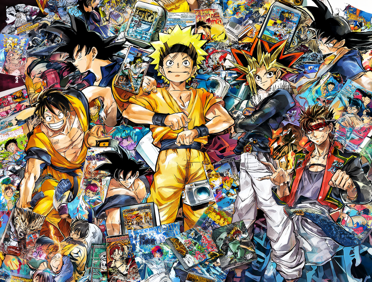Varios personajes icónicos del anime rodeados de consolas y portadas de videojuegos, simbolizando la conexión global de las franquicias.