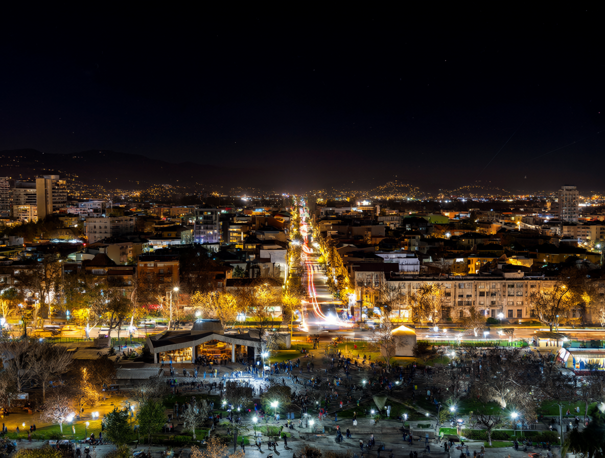 Temuco skyline at night with people enjoying the city lights