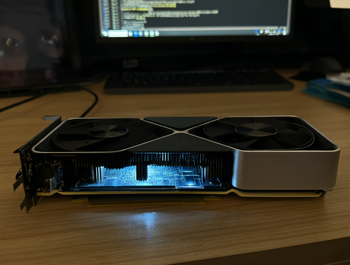 Tarjeta gráfica RTX 3090 iluminada por el calor del procesamiento de video en IA.