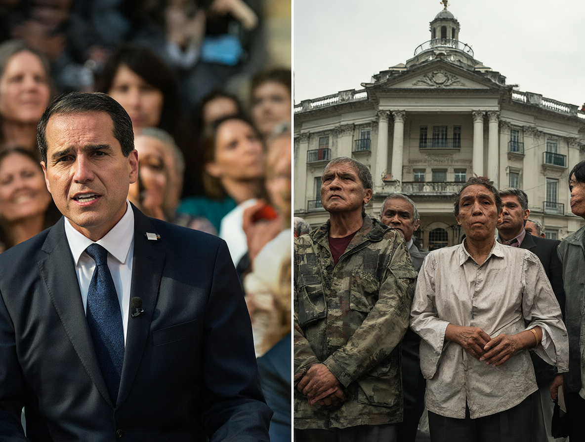 Imagen dividida mostrando un político hablando y contrastando visualmente una familia humilde con símbolos de gran riqueza para representar el debate social.