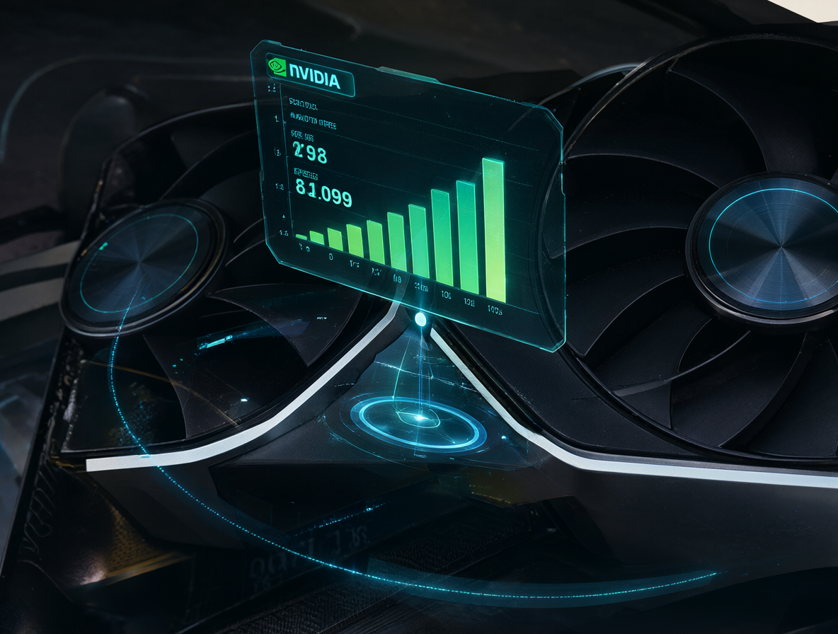 An NVIDIA GeForce RTX 3090 graphics card with a floating holographic chart comparing Scaled INT8 and FP8 inference speeds, showing INT8 significantly faster.