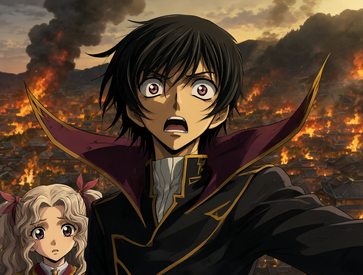 Lelouch Lamperouge en shock mientras ordena a Nunnally algo devastador, con un fondo de destrucción.