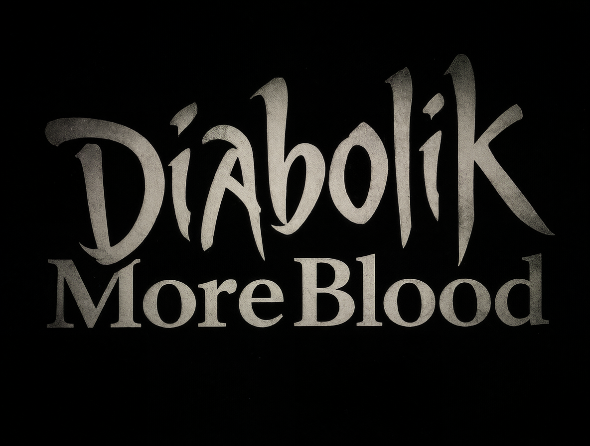Close-up of the stylized anime title text 'Diabolik Lovers More,Blood' with dark background