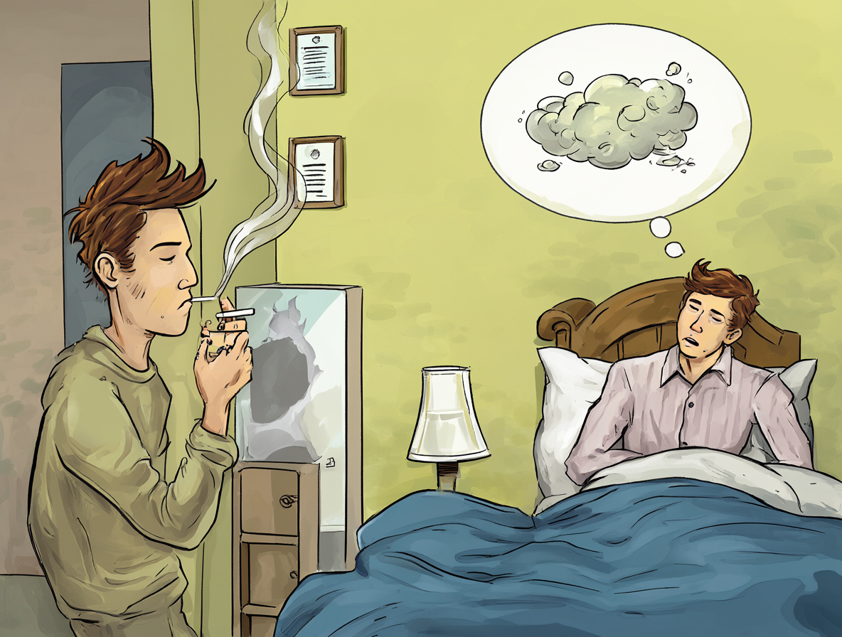 Ilustración conceptual mostrando dos personas, una fumando y otra pensando en una flatulencia como metáfora de espacio compartido.