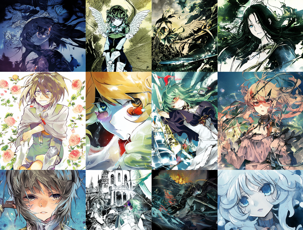 Collage artístico mostrando la OVA Exaella y varios animes contemplativos como Angel's Egg, Texhnolyze, Girls' Last Tour y Haibane Renmei.