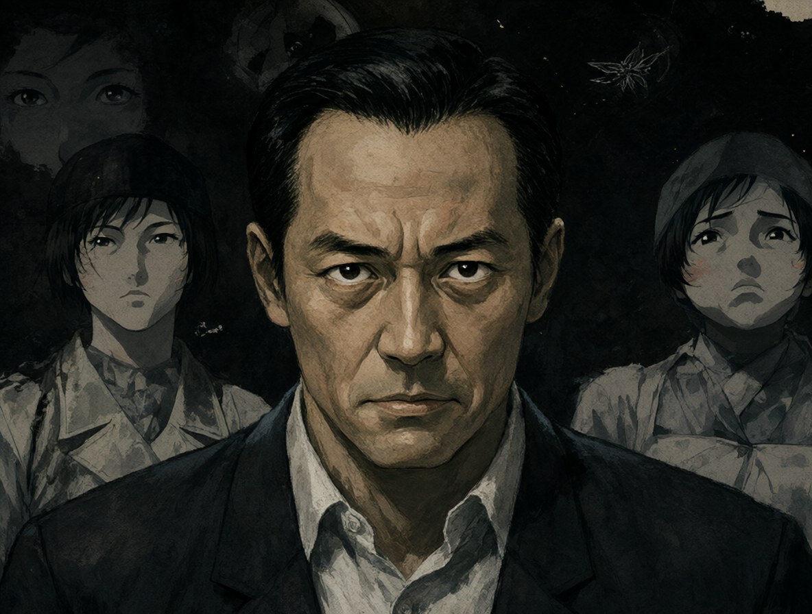 Imagen de Mamoru Oshii rodeado de elementos de Ghost in the Shell y Angel's Egg.