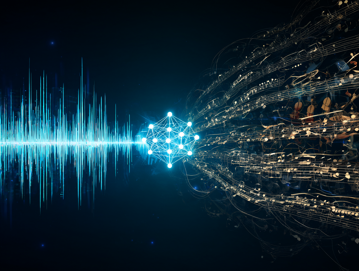 Ilustración de una interfaz de IA transformando ondas de audio electrónicas en una partitura orquestal brillante.
