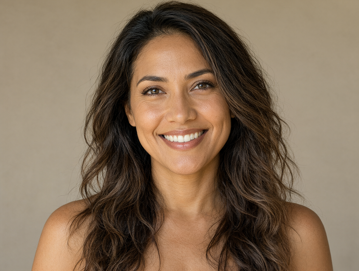 Una mujer trans sonriendo en un retrato claro.