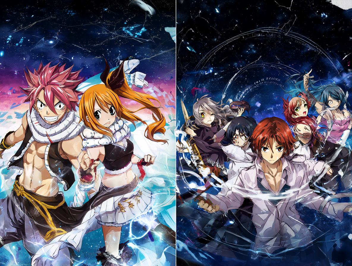 Composición dividida mostrando a los protagonistas de Fairy Tail y Date A Live sobre un fondo cósmico