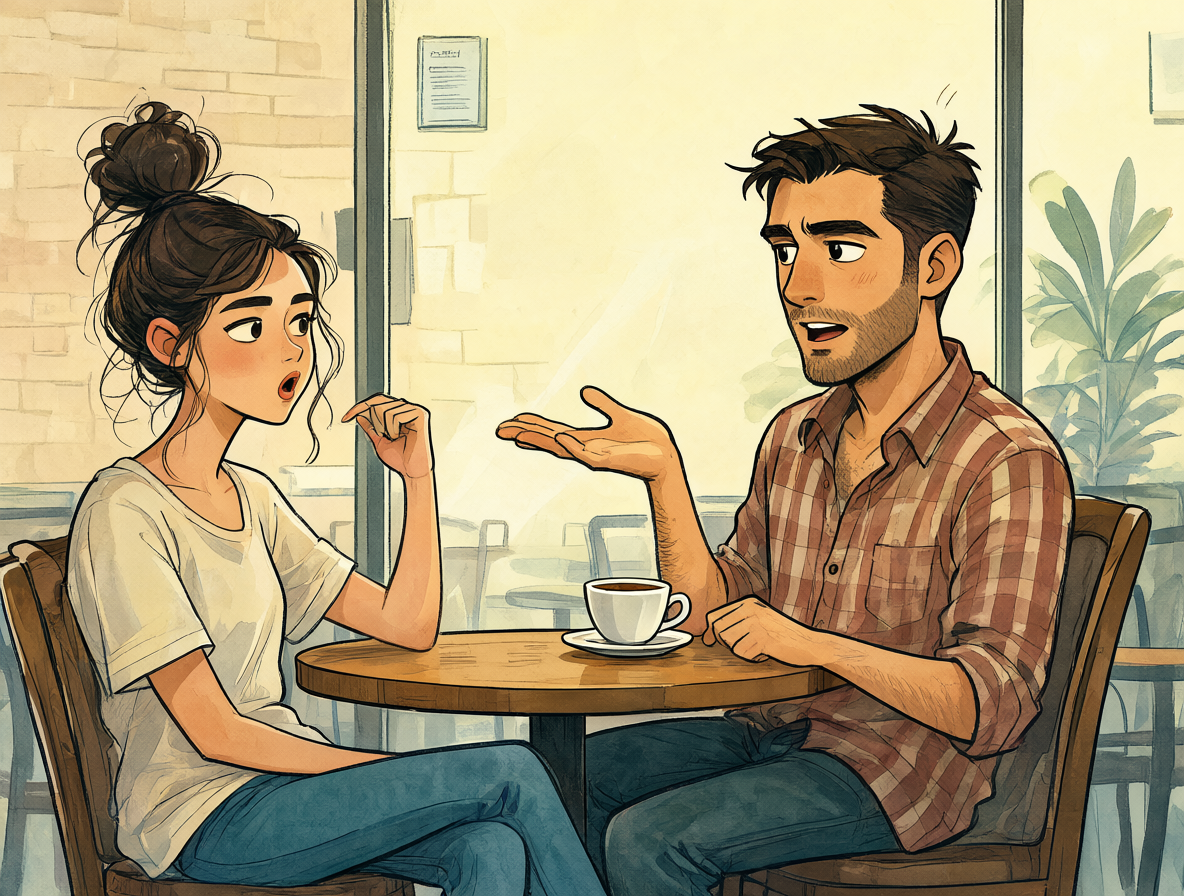 Persona en un café conversando intensamente