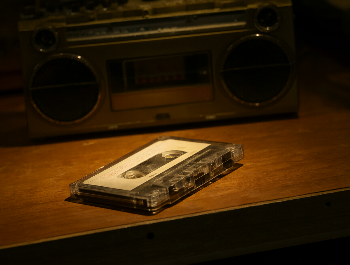 Un cassette tape sellado sobre una mesa de madera con un reproductor de audio antiguo al fondo.