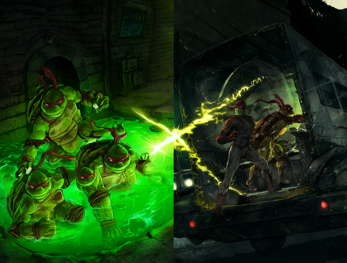 Imagen comparativa de los orígenes de TMNT y Daredevil