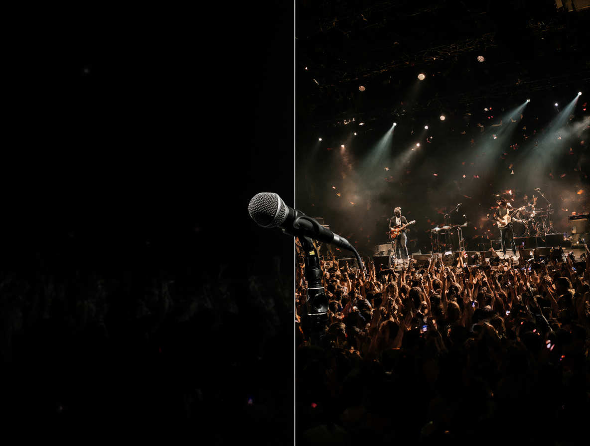 Imagen dividida mostrando un micrófono desvaneciéndose al lado de una multitud enérgica en concierto, simbolizando la diferencia entre mezclas de álbum y versiones adaptadas.