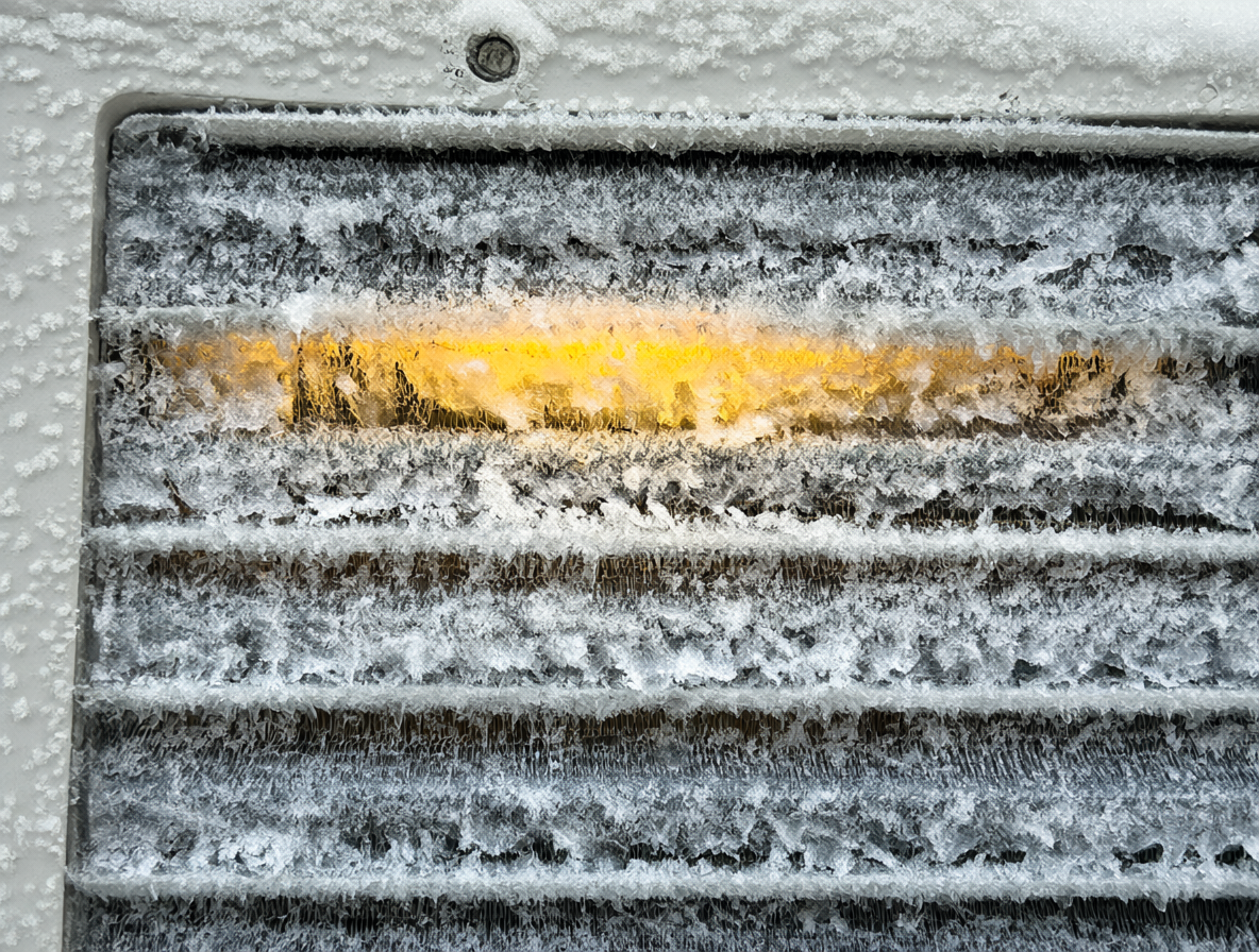Unidad exterior de aire acondicionado con escarcha y hielo durante el ciclo de defrost.