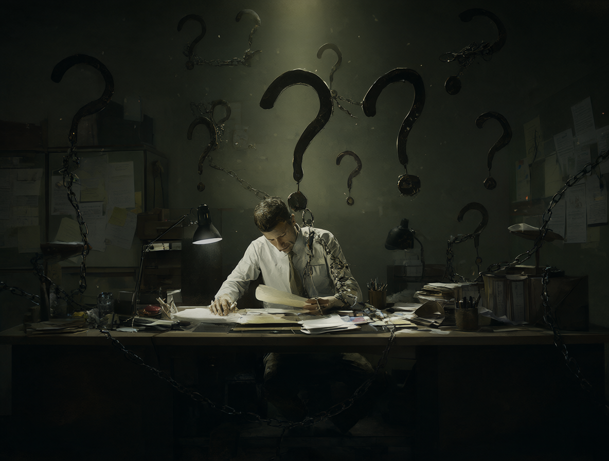 Ilustración surrealista de un trabajador en una oficina rodeado de signos de interrogación y cadenas, representando la incertidumbre inicial del comité paritario.