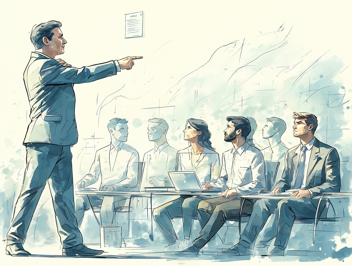 Ilustración que muestra la dinámica de poder corporativo y la asignación de roles desde la gerencia hacia los trabajadores.