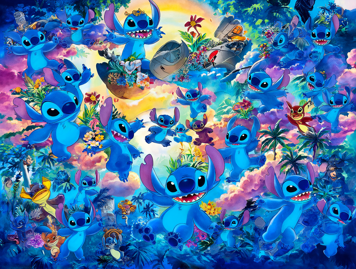 Collage artístico de Stitch rodeado por elementos de la franquicia Lilo & Stitch.