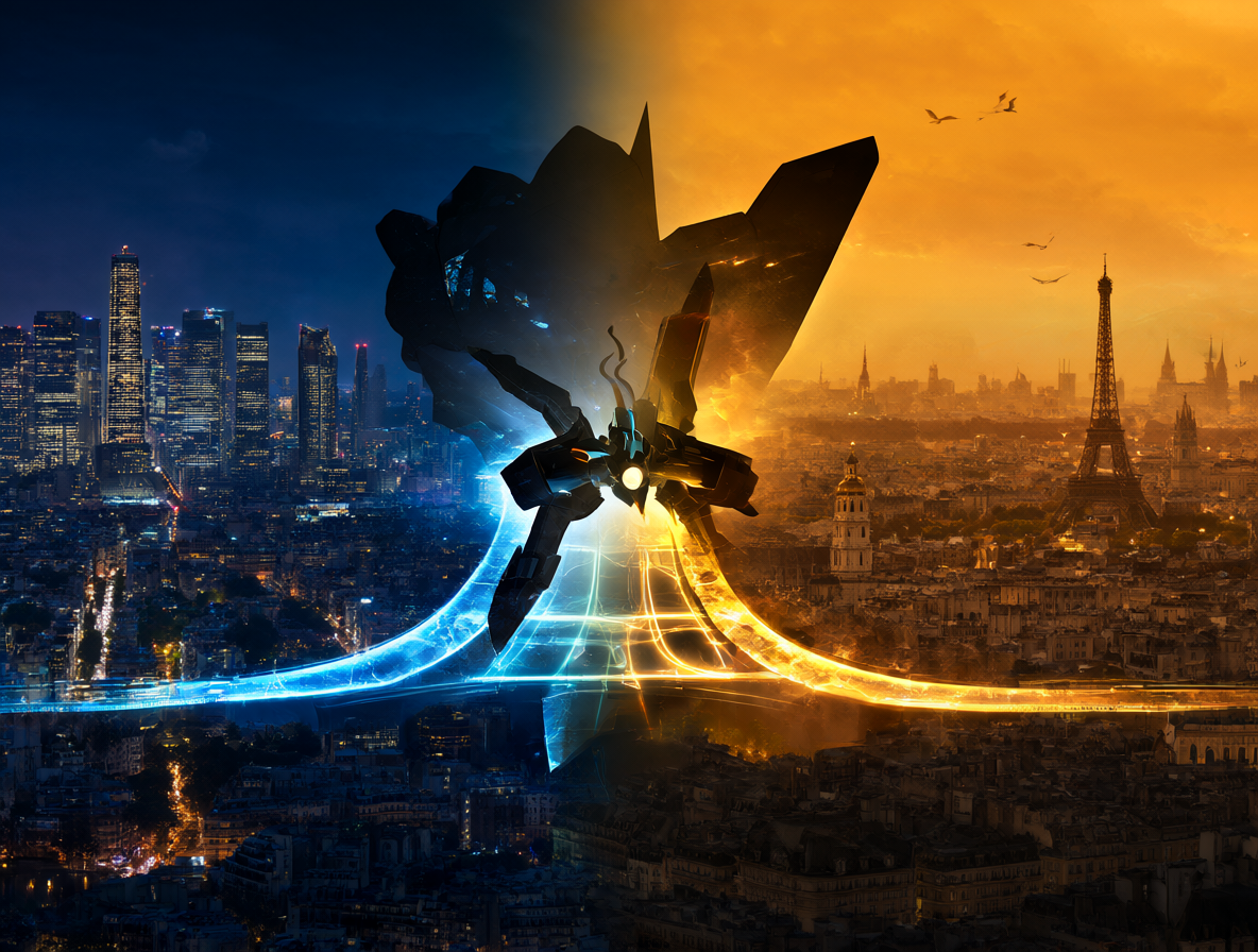 Vista panorámica mostrando la conexión entre Tokio y París, con una nave espacial conectando ambos continentes en un estilo anime.