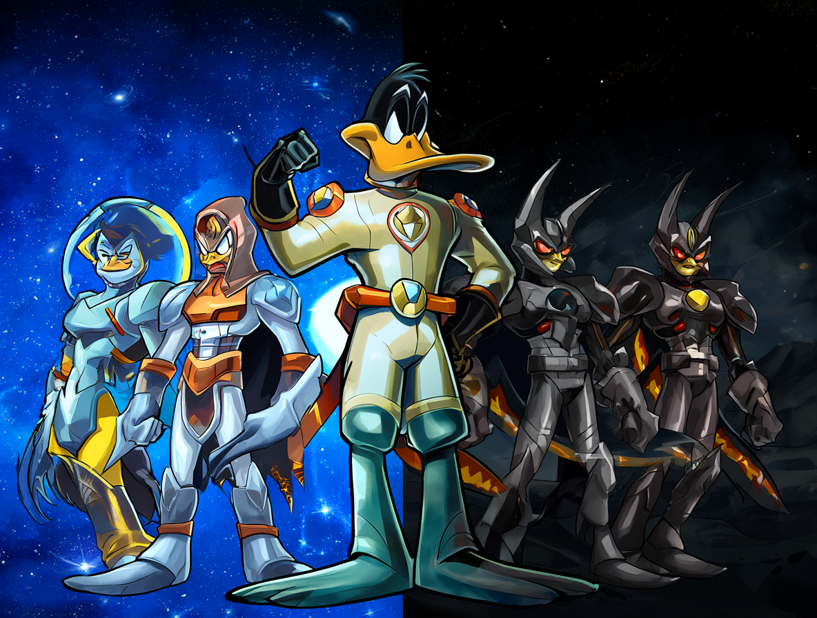 Ilustración mostrando a Duck Dodgers en su traje espacial clásico al lado de los héroes armados de Loonatics Unleashed, con un fondo cósmico dividido entre cielo estrellado y paisaje oscuro.