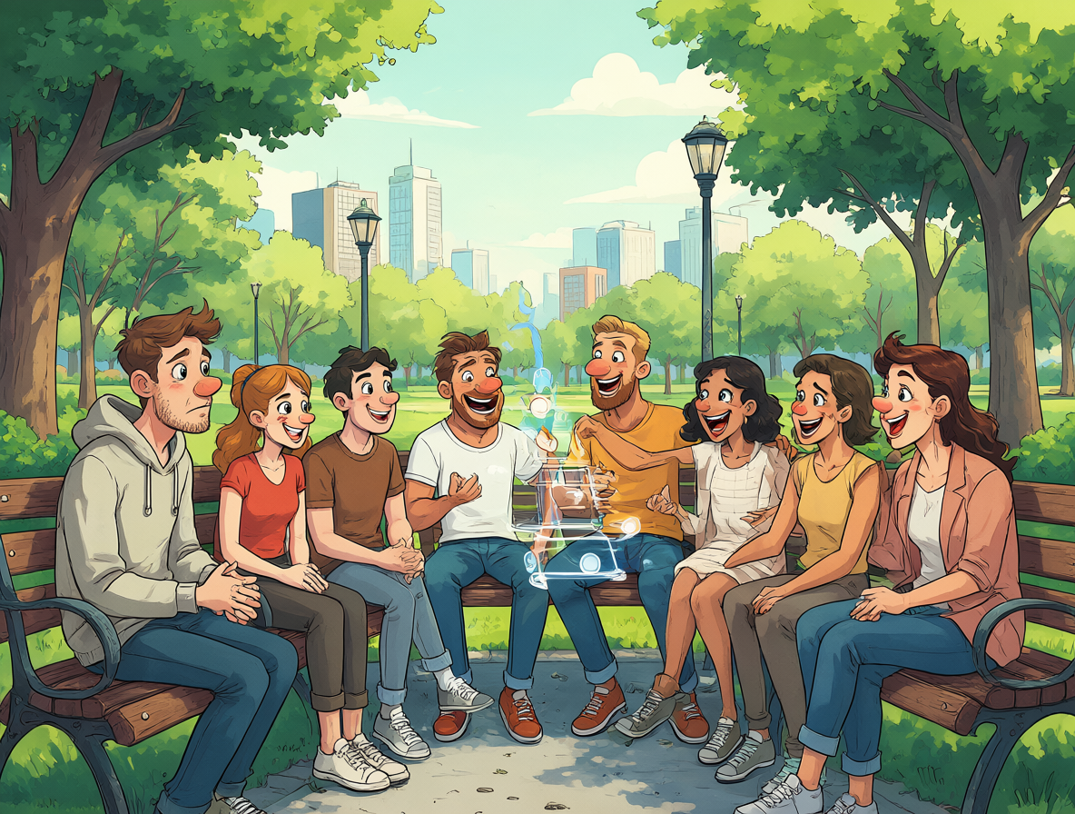 Ilustración que contrasta aplicaciones de citas frías con grupos sociales reales en Temuco.
