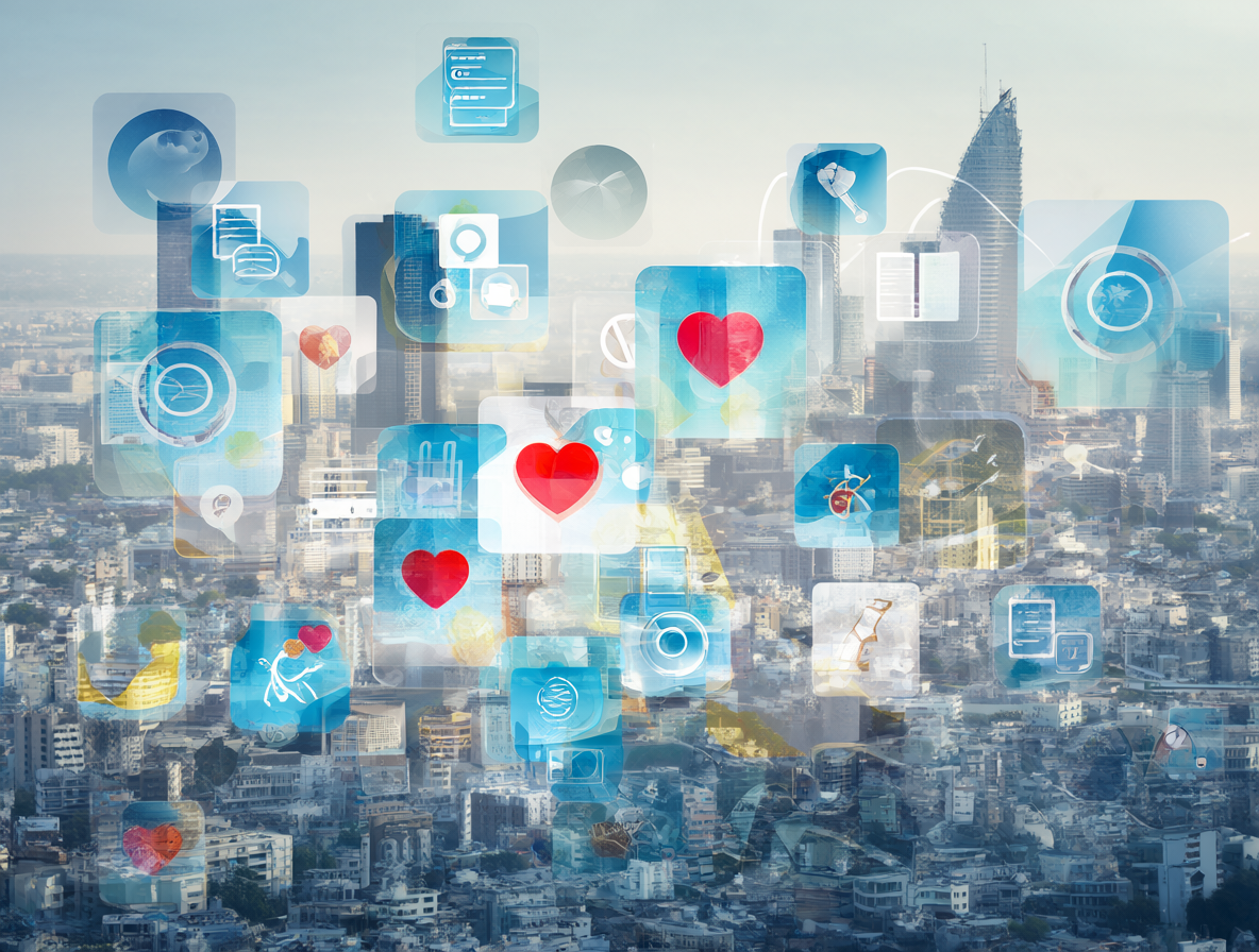 Iconos de aplicaciones de citas superpuestos sobre un paisaje urbano digital.