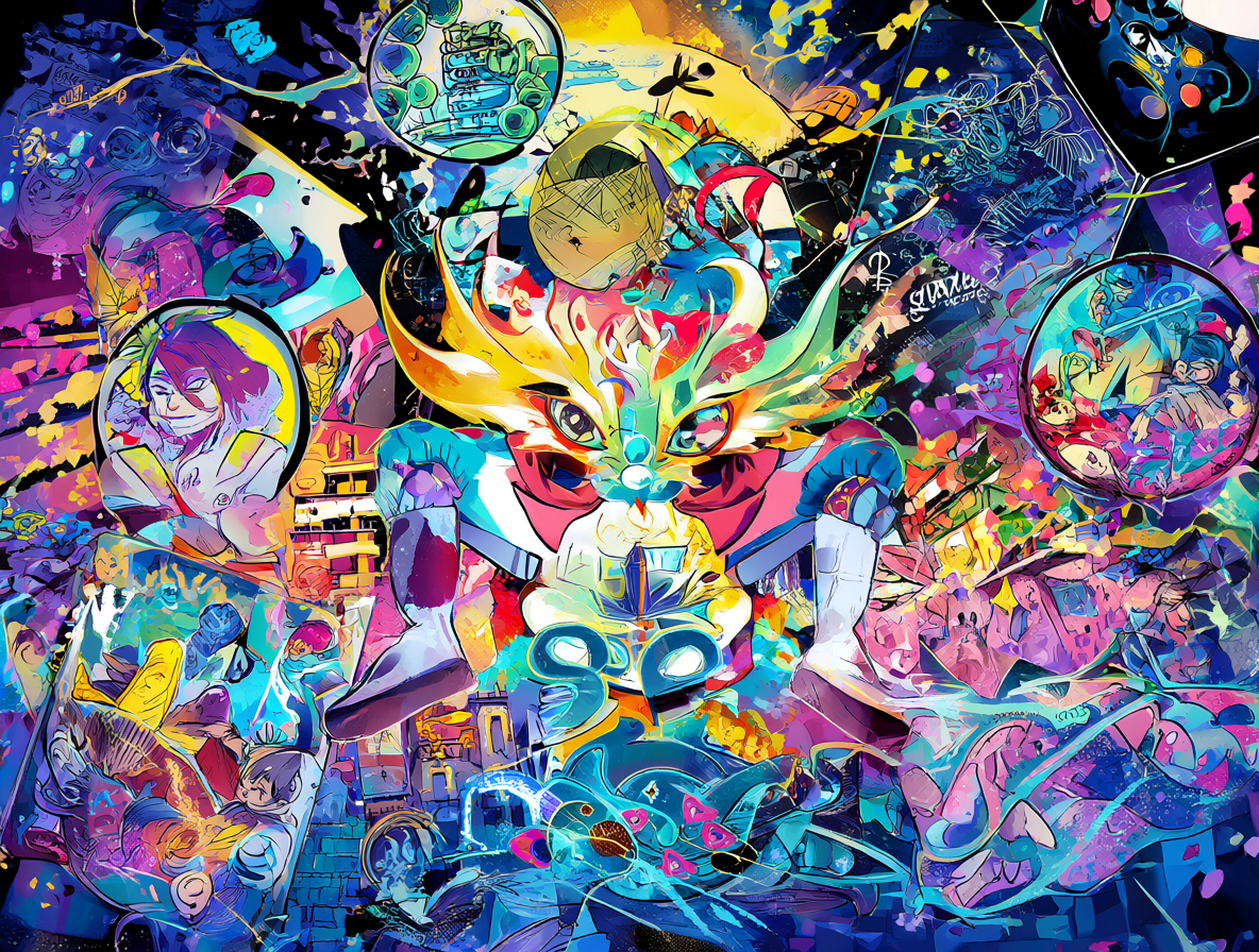 Ilustración del personaje Pomni con fondo de cultura pop japonesa