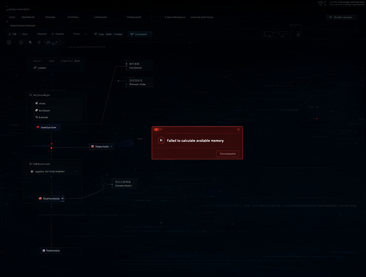Interfaz técnica mostrando una alerta roja con el texto de error de memoria en un gráfico de nodos de ComfyUI.