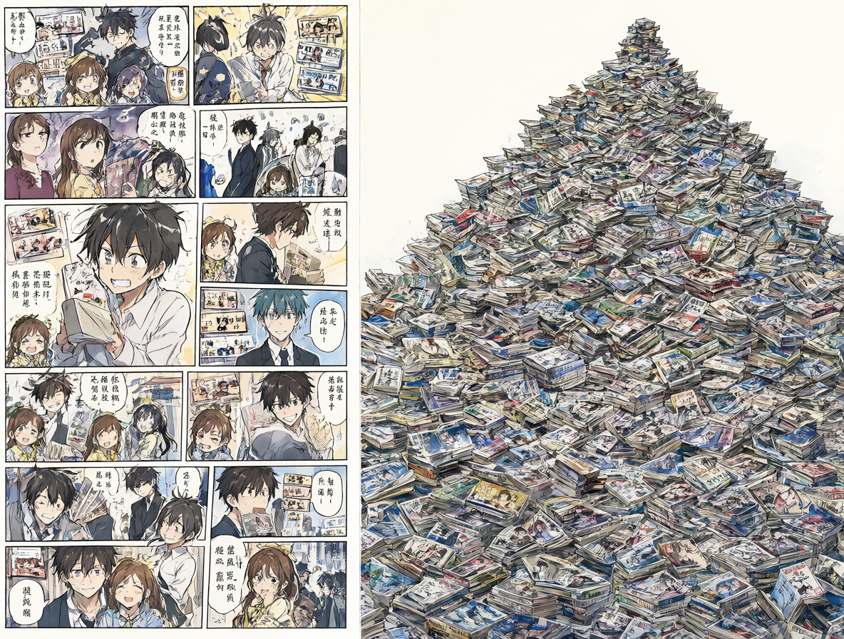 Una composición dividida mostrando una portada de DVD de anime terminada al lado de una pila masiva de volúmenes de manga, simbolizando cómo muchas series continúan mucho tiempo después de su transmisión.
