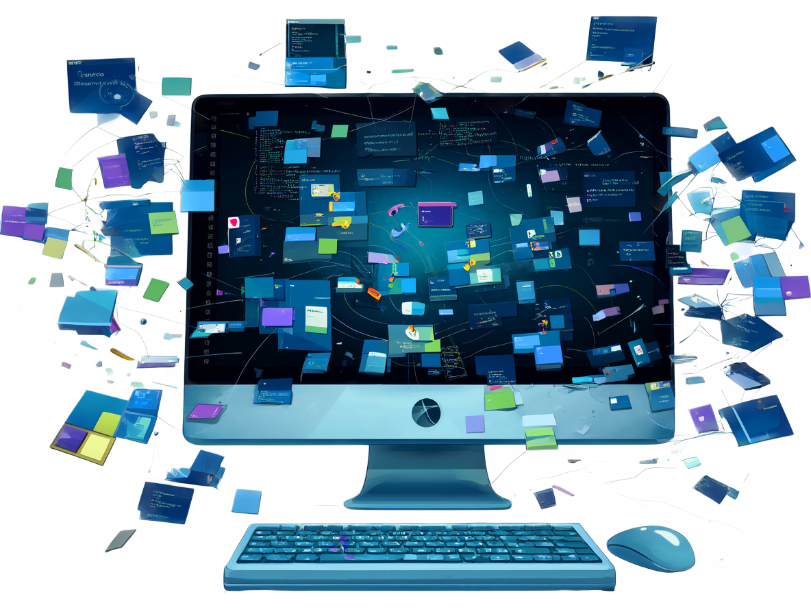 Ilustración del caos de ComfyUI con código flotante y fragmentos de versiones de librerías alrededor de la pantalla.