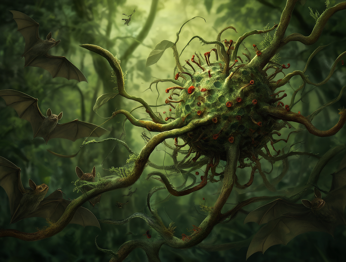 Ilustración dramática del virus filiforme rodeado de murciélagos en un bosque tropical.