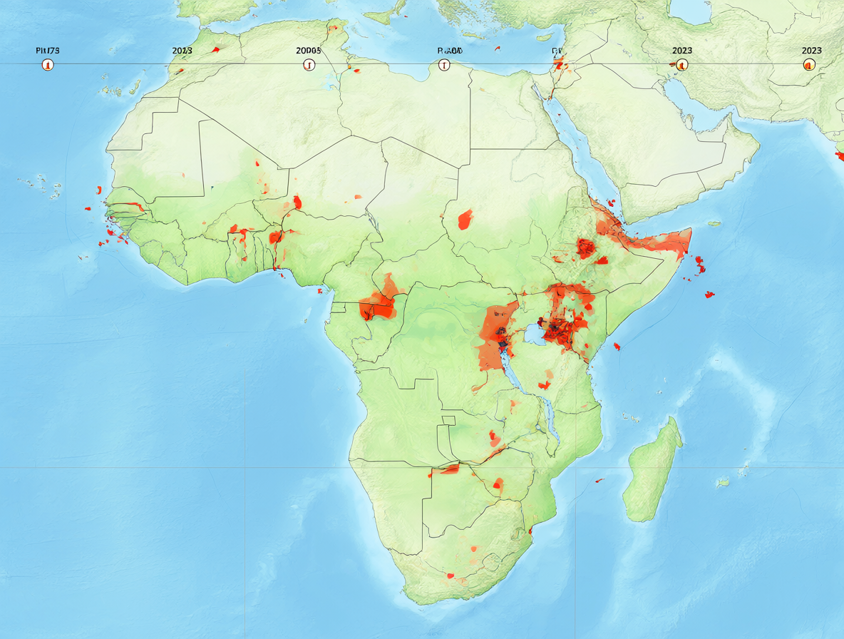 Mapa geográfico con marcadores rojos sobre las regiones epidémicas de Guinea y Kivu.