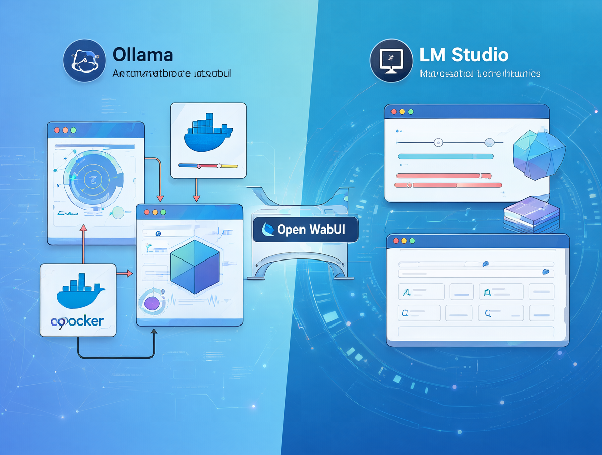 Ilustración que muestra la comparación entre Ollama y LM Studio con sus características principales.