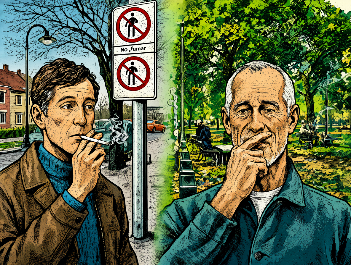 Ilustración mostrando a una persona fumando prohibida y otra mascando tabaco en un parque.
