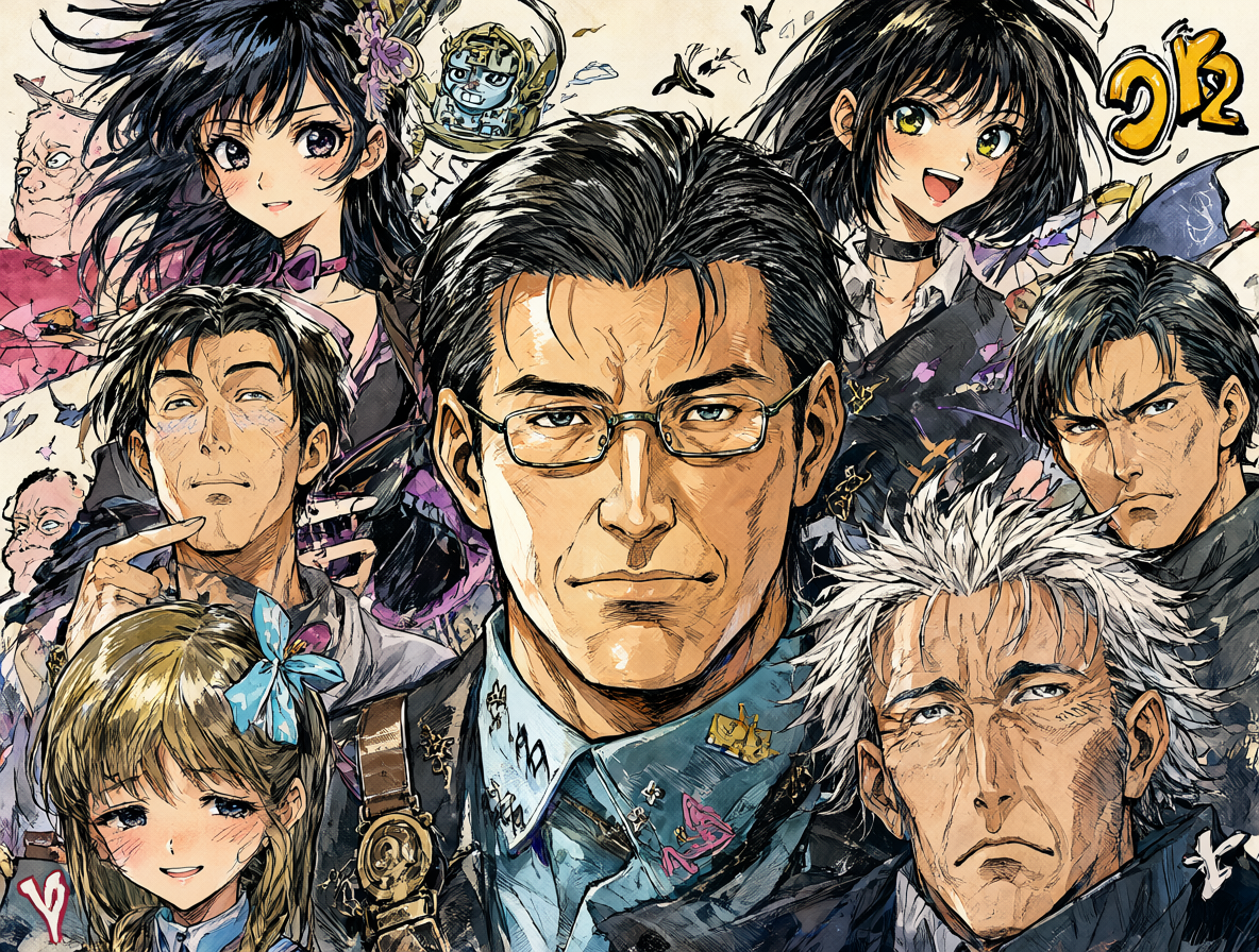 Ilustración del mangaka Masakazu Katsura rodeado de sus personajes más famosos.